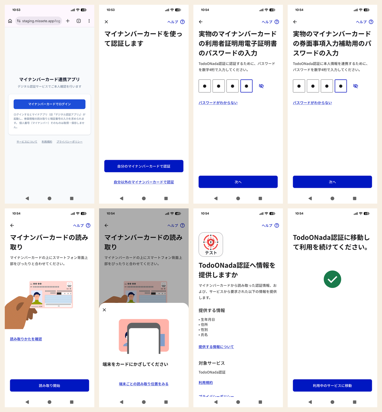 Android版テスト用マイナアプリの認証フロー8画面。RPの開始画面、アプリの起動、利用者証明用電子証明書のパスワード、券面事項入力補助用のパスワード、読み取り開始、端末をカードにかざす案内、情報提供の同意、完了画面